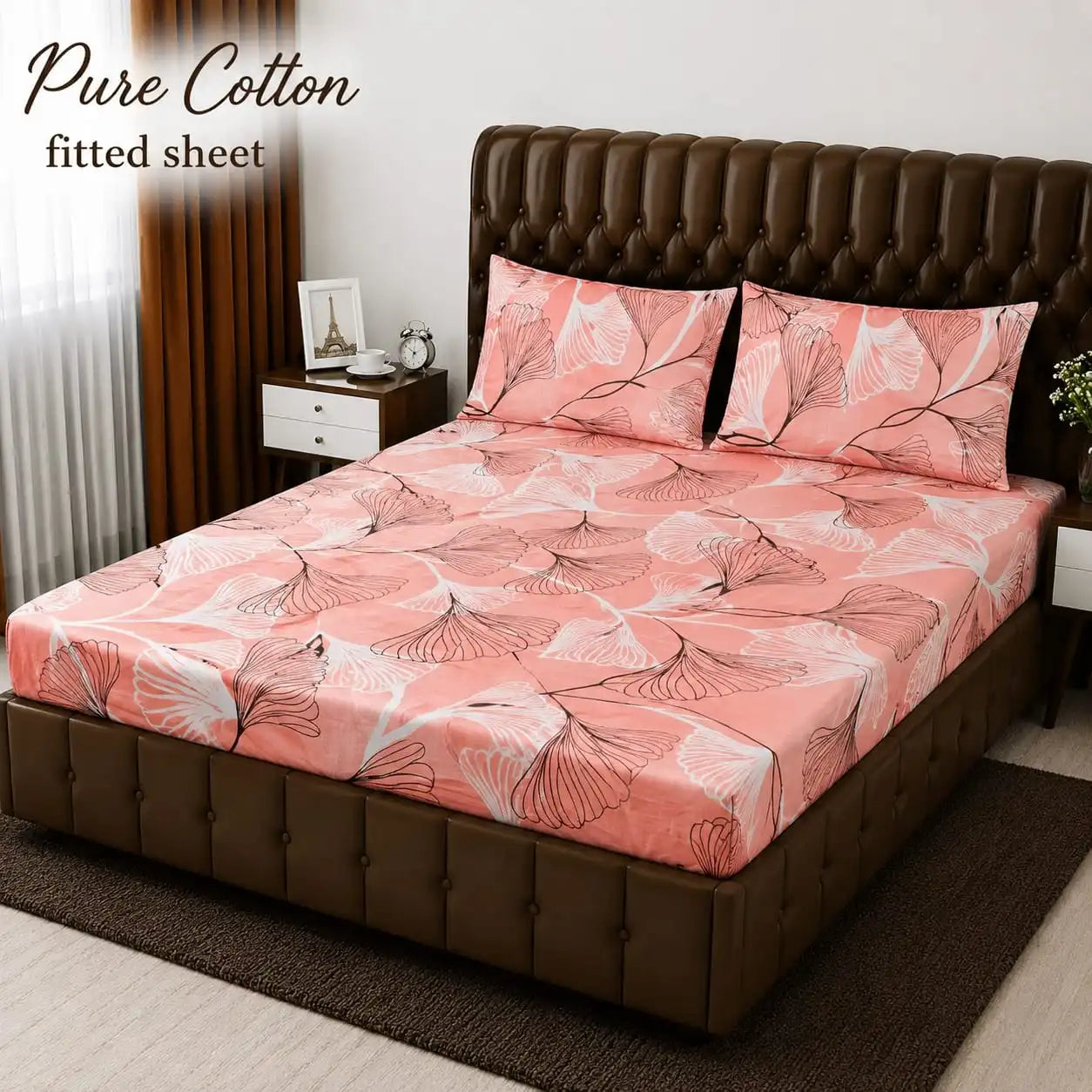 Soft Peach & White Botanical Print 3-Piece Pure Cotton Fitted Bedsheet Set