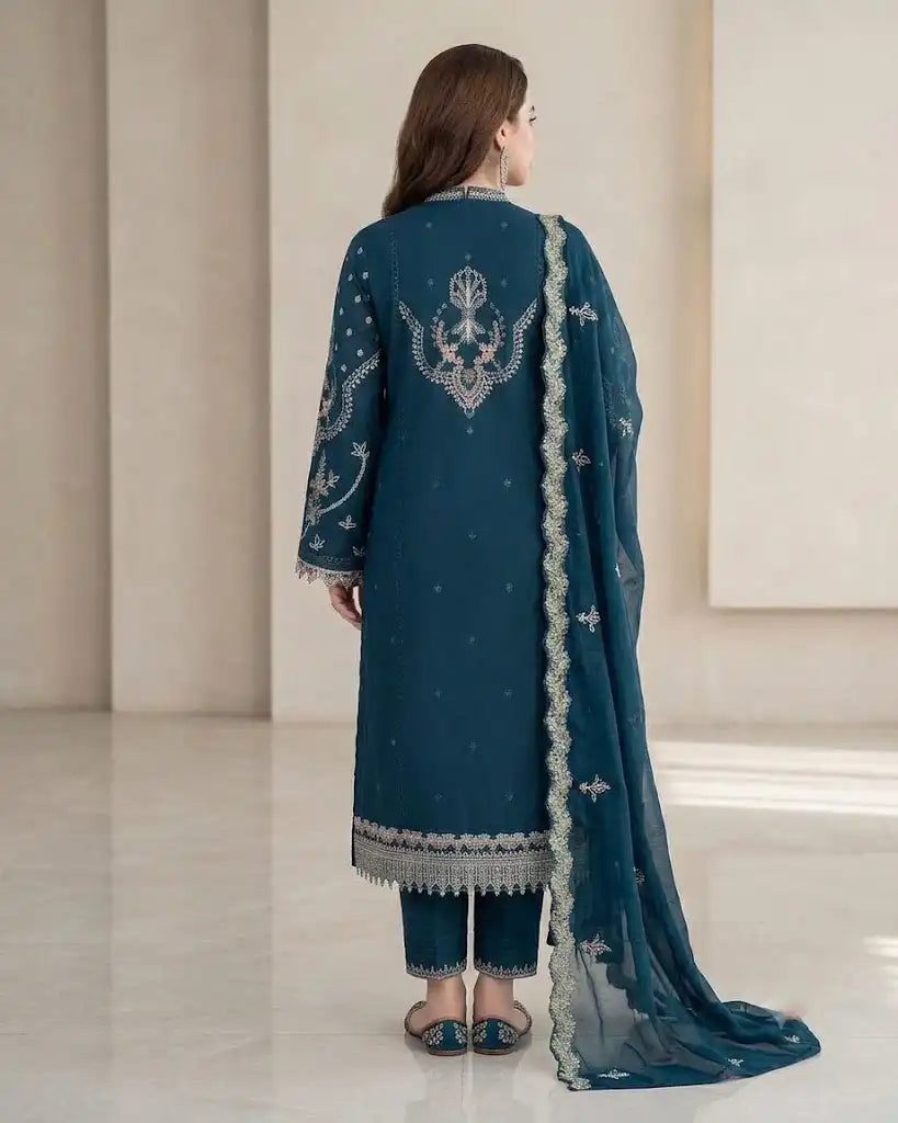 Deep Teal Embroidered 3-Piece Unstitched Lawn Suit with Matching Dupatta