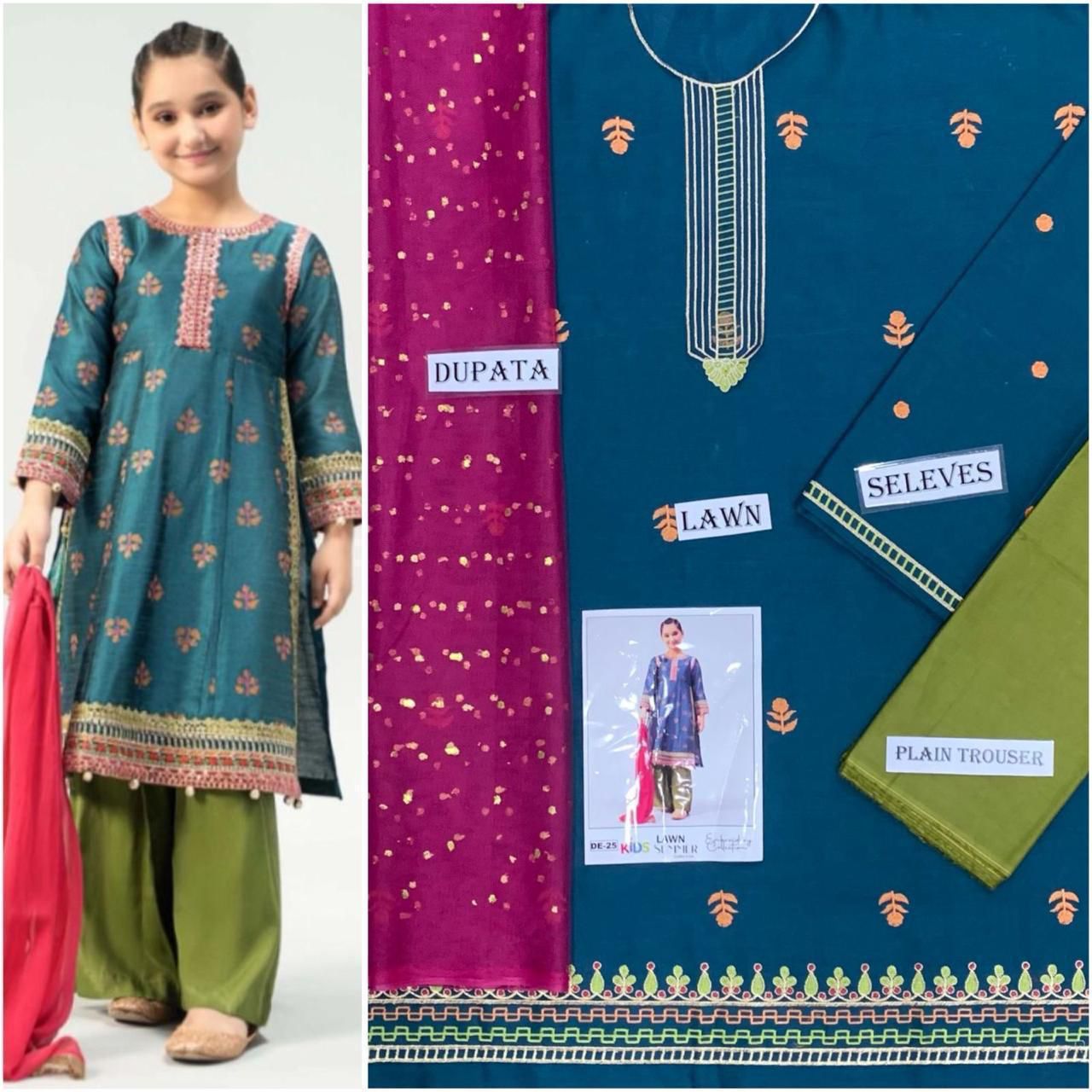 Kids Teal Blue & Green 3-Piece Embroidered Lawn Suit
