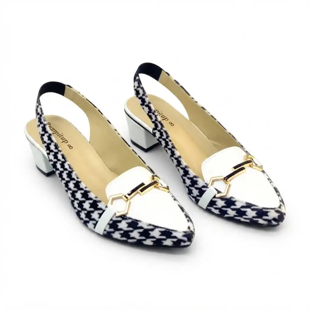 Houndstooth Pattern Slingback Block Heels with White Accents