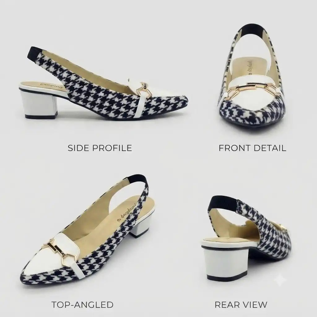 Houndstooth Pattern Slingback Block Heels with White Accents