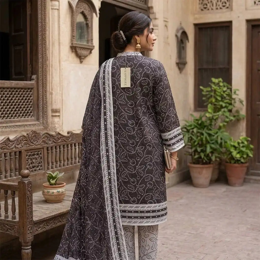 Premium Charcoal Black Unstitched 3 Piece Printed Lawn Suit