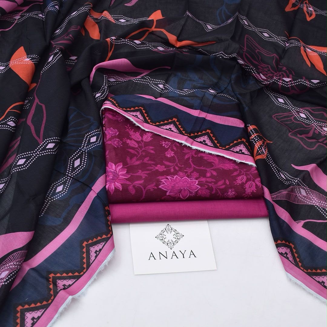 Magenta & Black Artistic 3 Piece Unstitched Lawn Suit