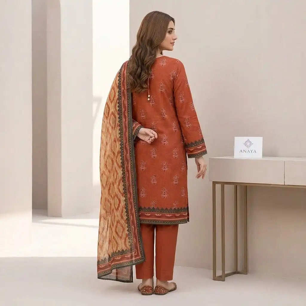 Terracotta & Peach Geometric 3 Piece Unstitched Lawn Suit