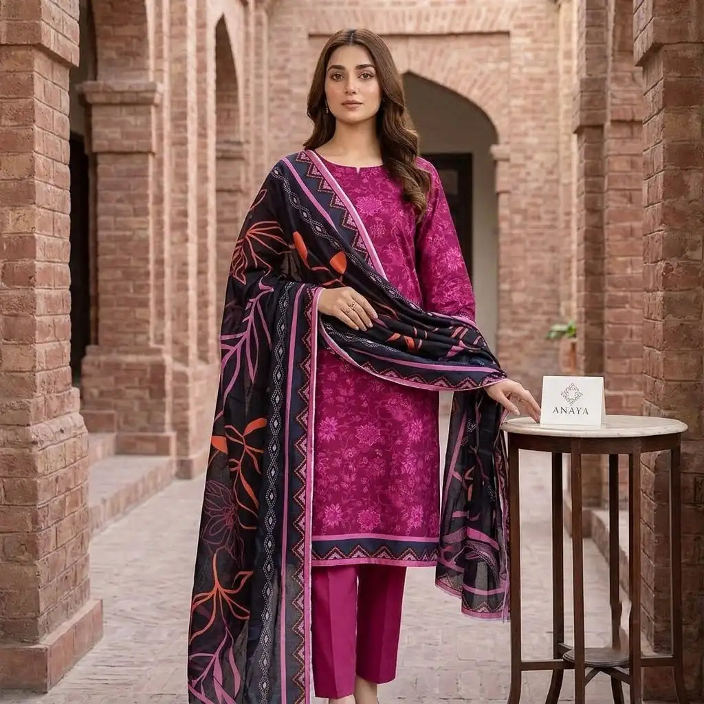 Magenta & Black Artistic 3 Piece Unstitched Lawn Suit