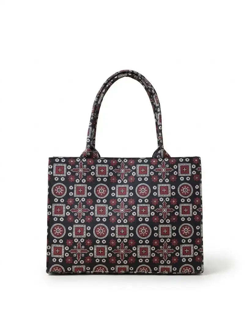 Chic Maroon & Black Geometric Print Daily Tote Bag