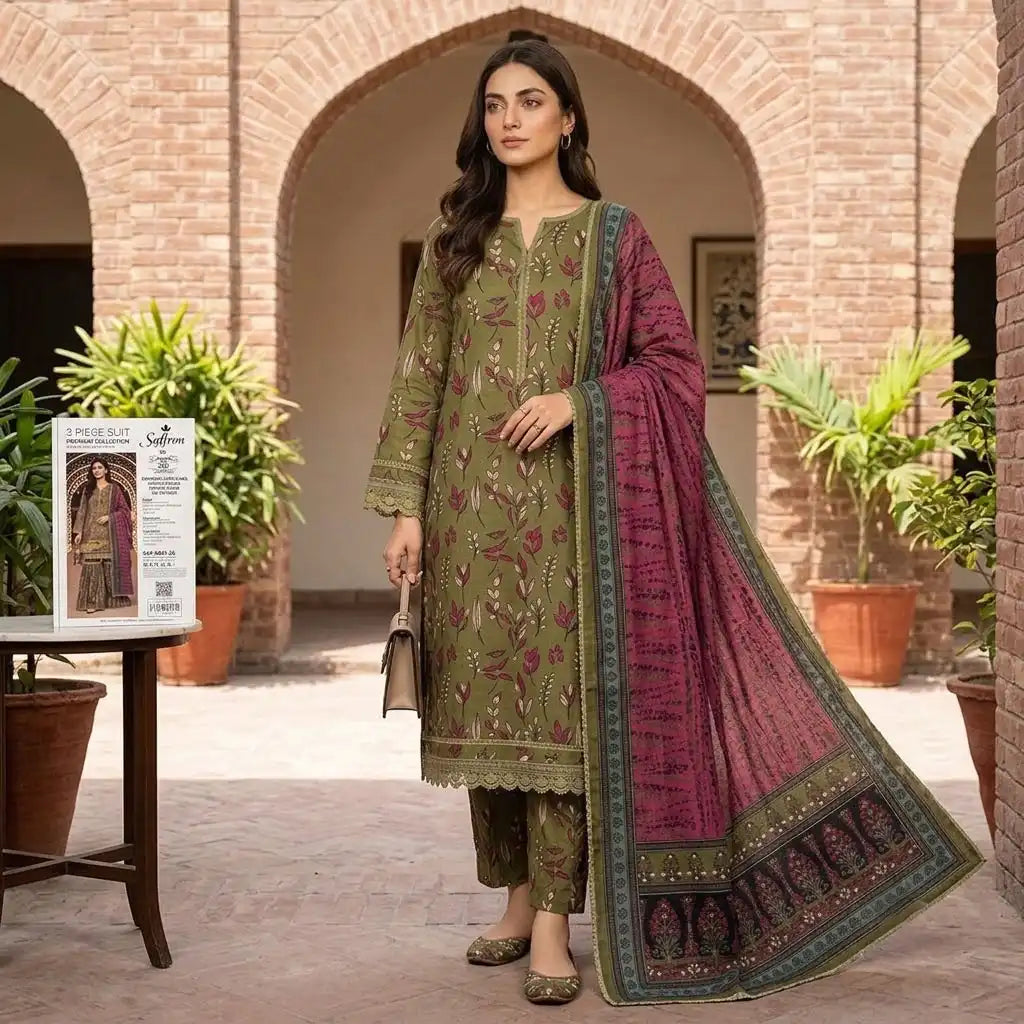 Stylish Olive Green Unstitched 3 Piece Lawn Suit