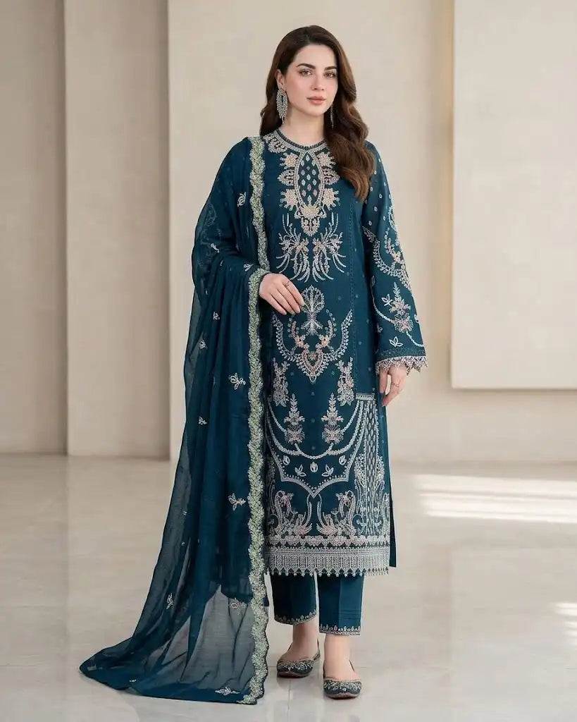 Deep Teal Embroidered 3-Piece Unstitched Lawn Suit with Matching Dupatta