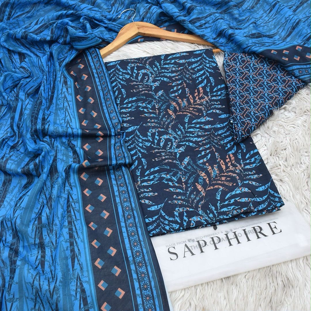 Deep Navy Blue Fern 3 Piece Unstitched Printed Lawn Suit