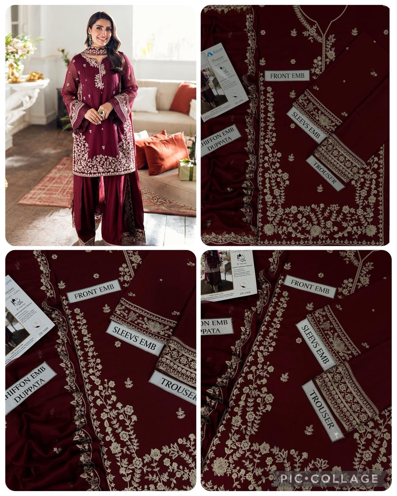 Rich Maroon Embroidered 3-Piece Unstitched Lawn Suit with Elegant Dupatta