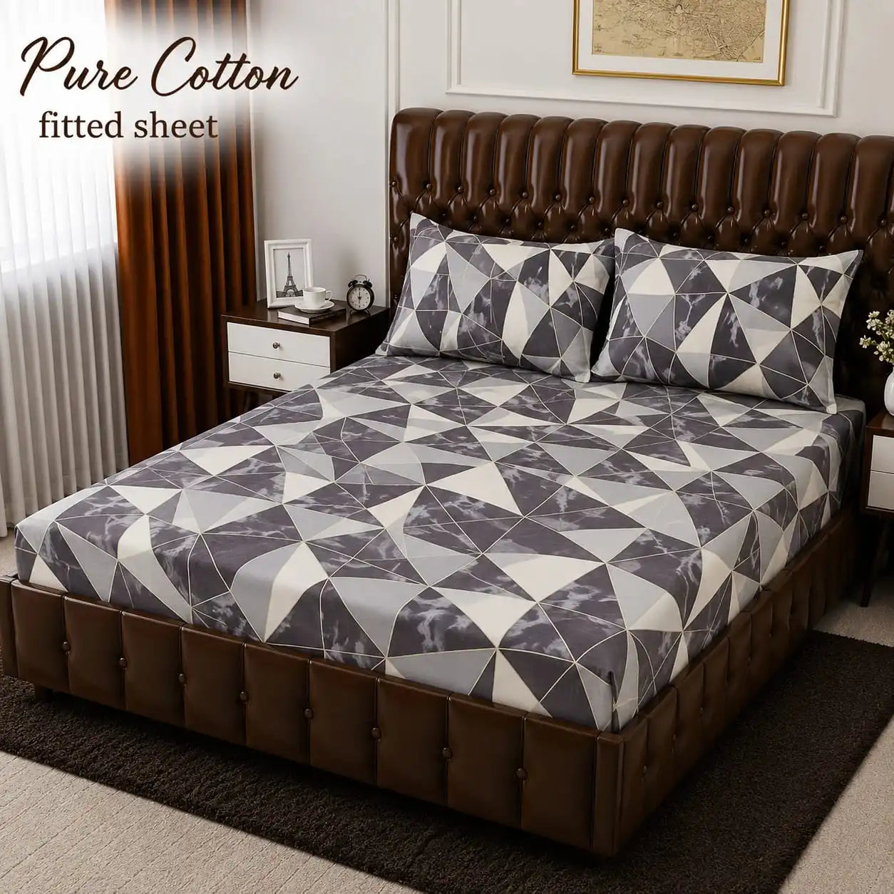 Modern Grey & White Geometric Marble 3-Piece Pure Cotton Fitted Bedsheet Set