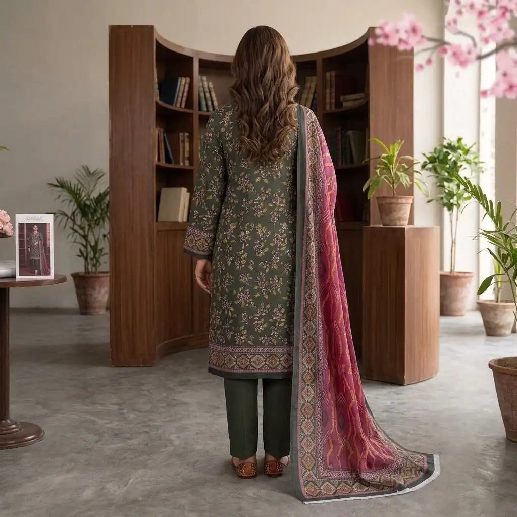 Designer Dark Green Unstitched 3 Piece Lawn Suit