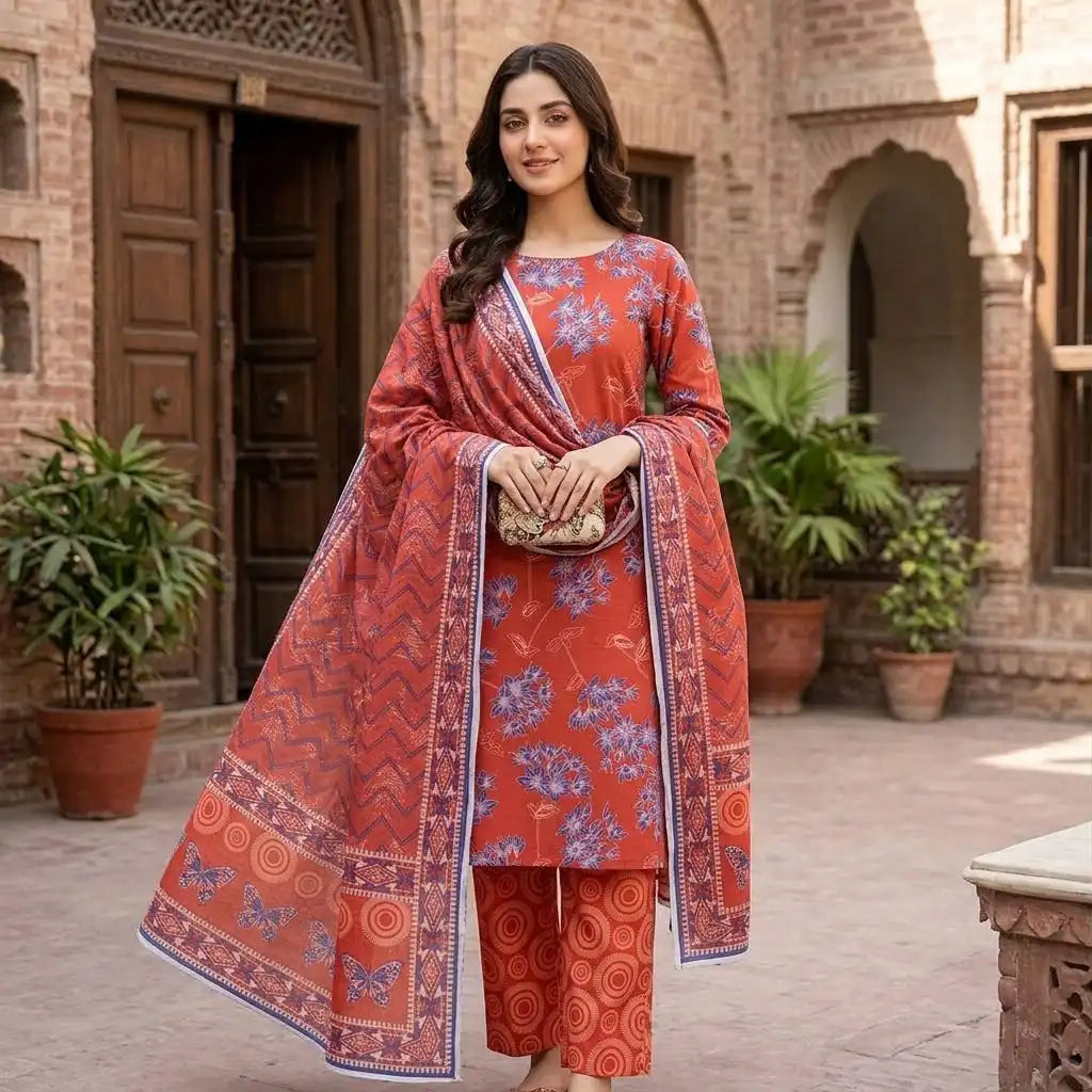 Royal Rust & Violet 3 Piece Unstitched Printed Lawn Suit