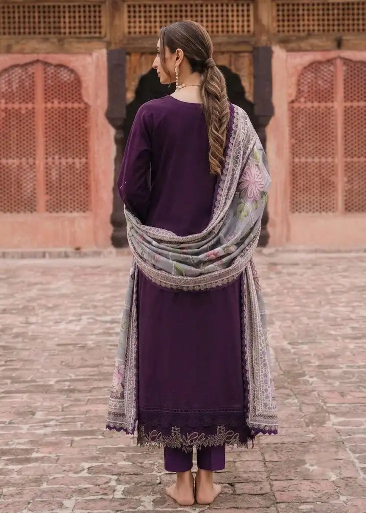 Deep Plum Purple Embroidered 3-Piece Unstitched Lawn Suit with Floral Dupatta