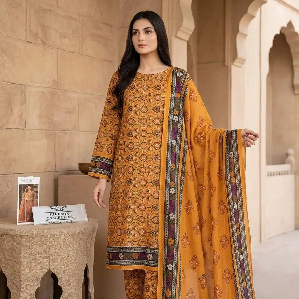 Designer Golden Yellow Unstitched 3 Piece Lawn Suit