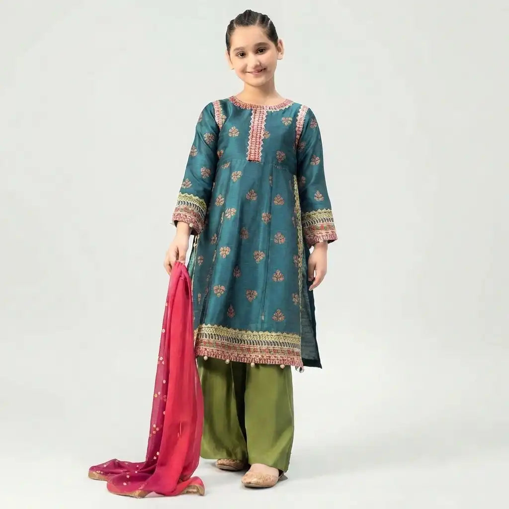 Kids Teal Blue & Green 3-Piece Embroidered Lawn Suit
