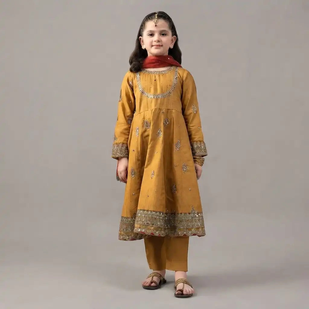 Kids Mustard Yellow Embroidered Lawn 3-Piece Suit