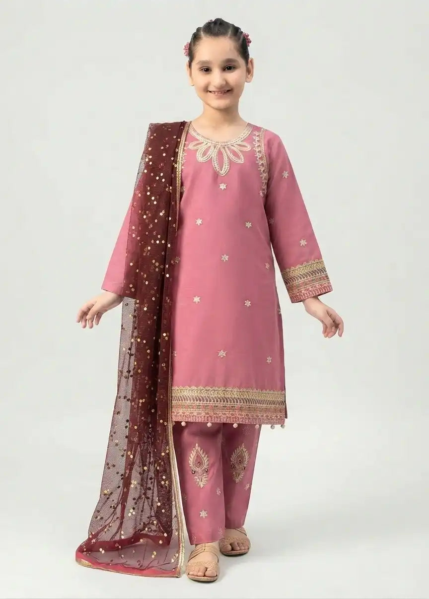 Kids Pink & Maroon Embroidered 3-Piece Lawn Suit