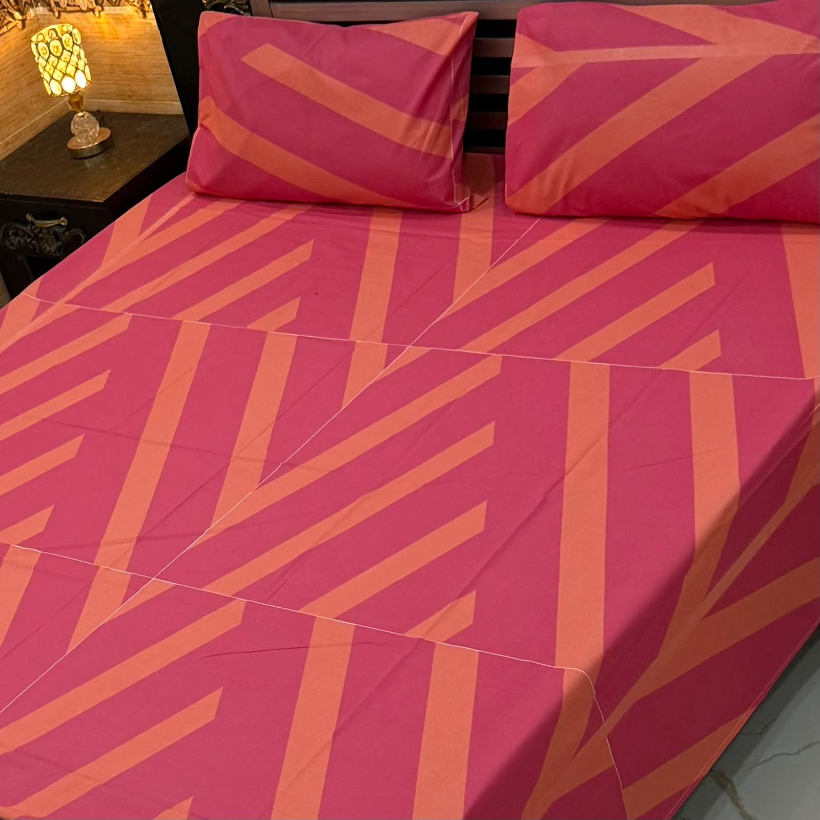Bold Pink & Orange Diagonal Stripe 3-Piece Fitted Bedsheet Set