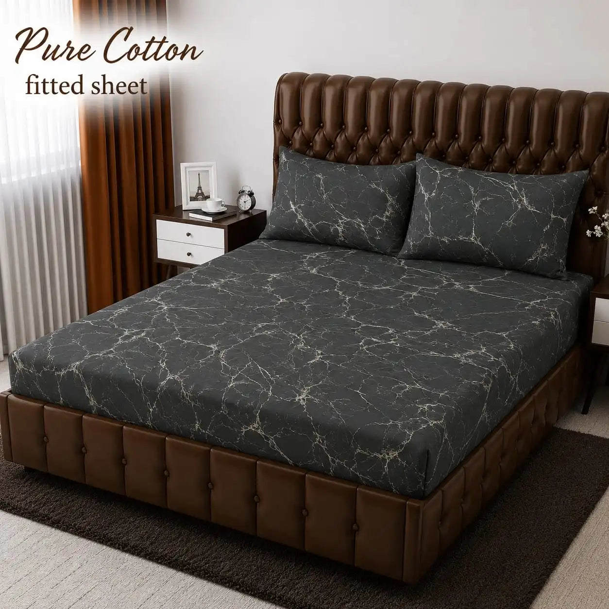 Dark Charcoal & Grey Marble Print 3-Piece Pure Cotton Fitted Bedsheet Set