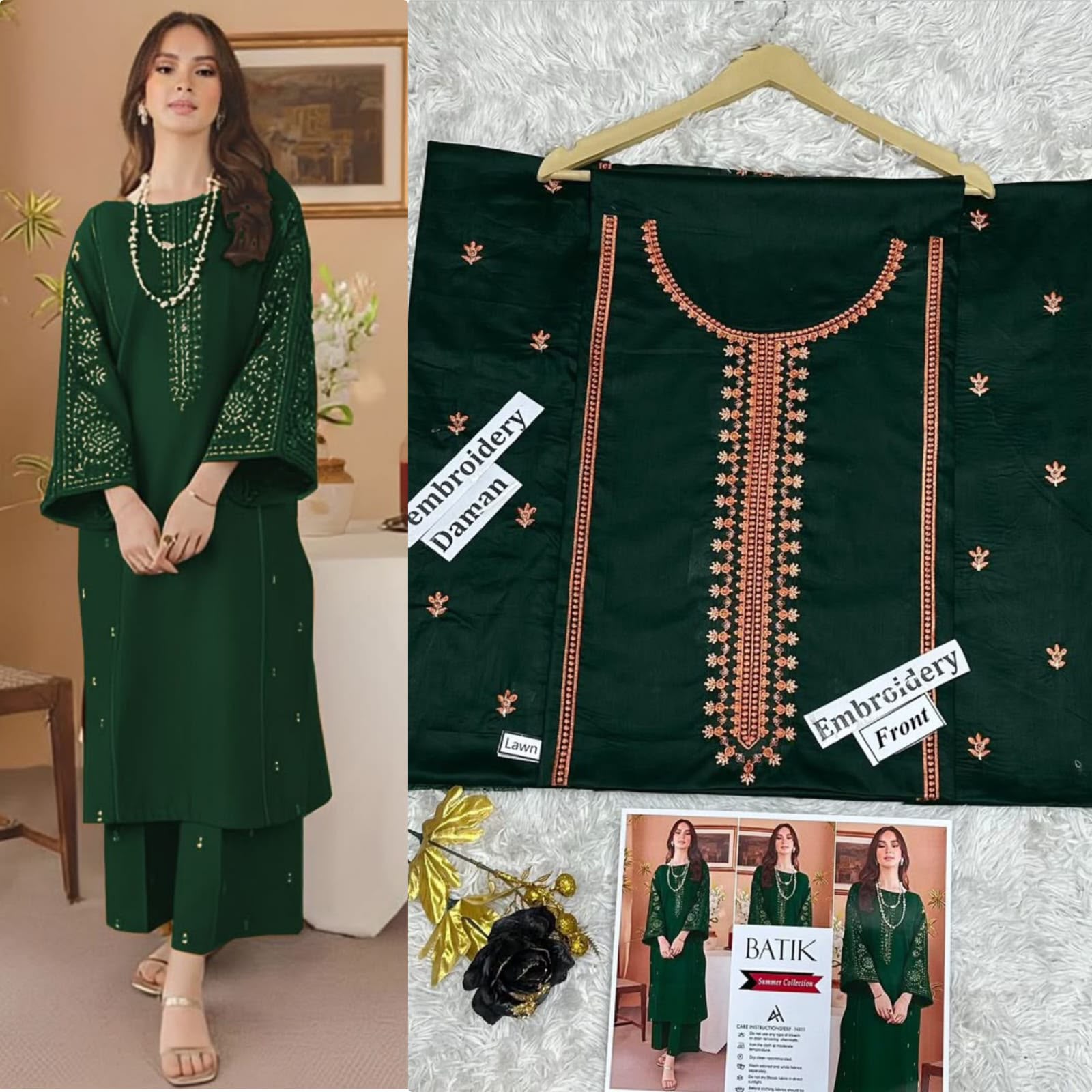 Deep Green Unstitched 2-Piece Lawn Suit with Lined Embroidery