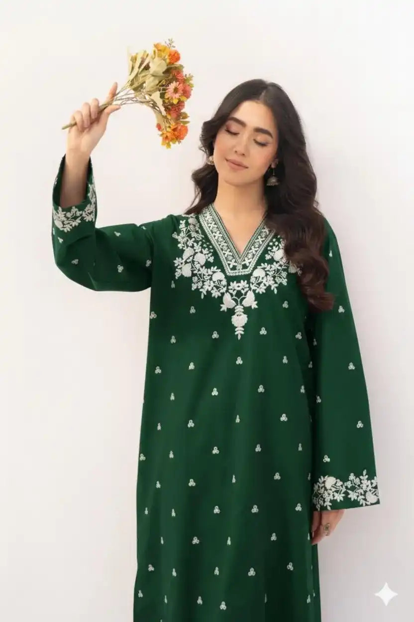 Dark Green V-Neck Embroidered August Special Unstitched 2-Piece Lawn Suit