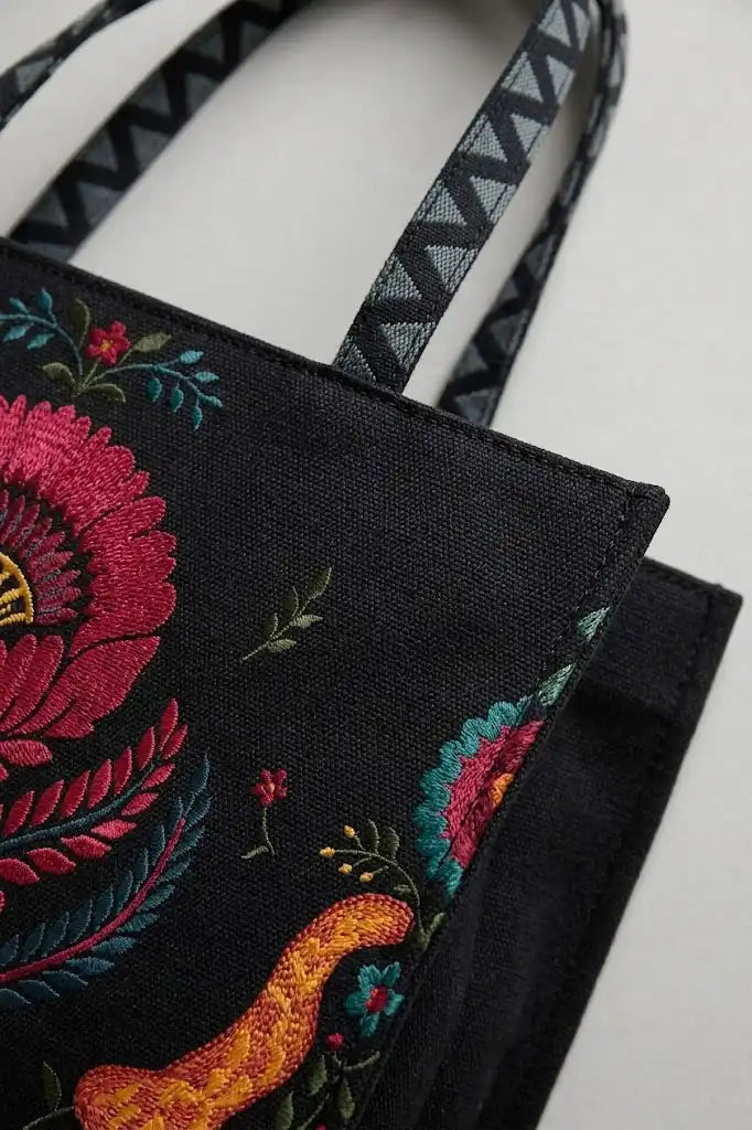 Vibrant Black Floral Embroidered Cultural Tote Bag