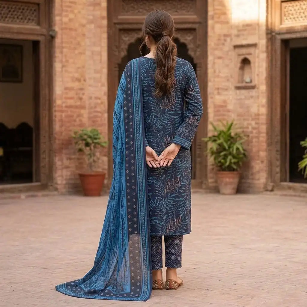 Deep Navy Blue Fern 3 Piece Unstitched Printed Lawn Suit