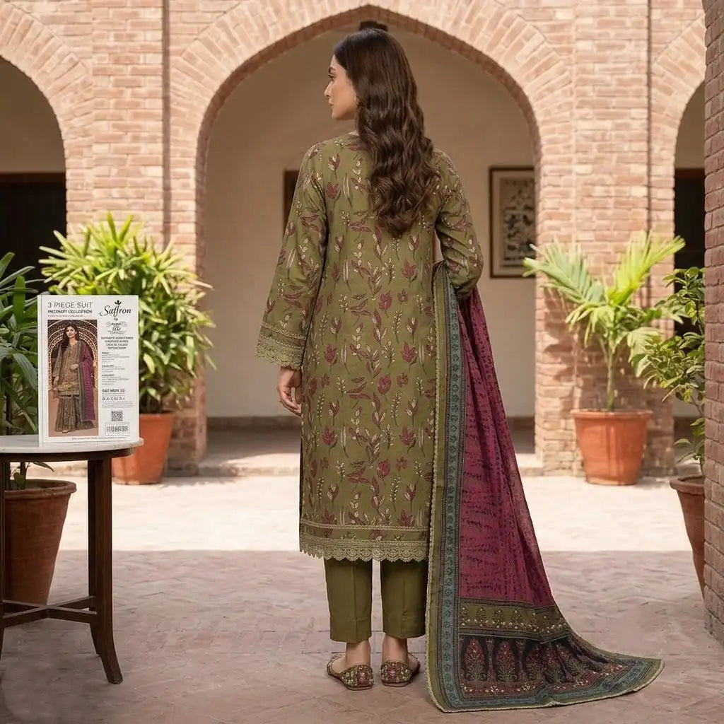Stylish Olive Green Unstitched 3 Piece Lawn Suit
