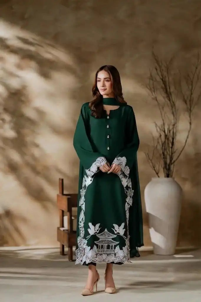 Bottle Green Pagoda/Crane Hem Embroidered Unstitched 2-Piece Lawn Suit with Border Work