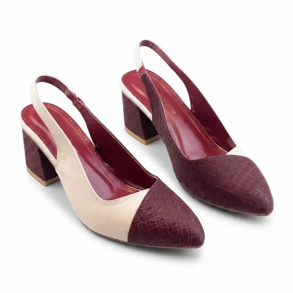 Maroon Textured Two-Tone Slingback Block Heels