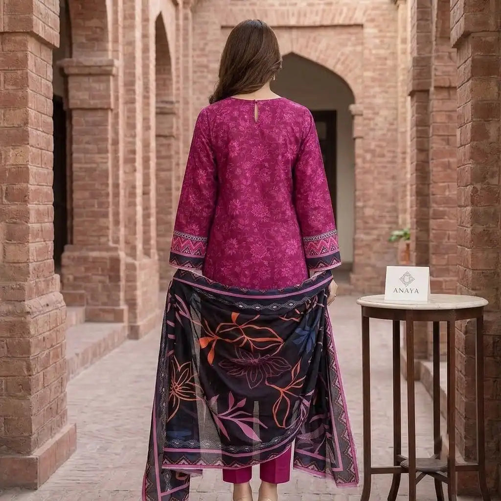 Magenta & Black Artistic 3 Piece Unstitched Lawn Suit
