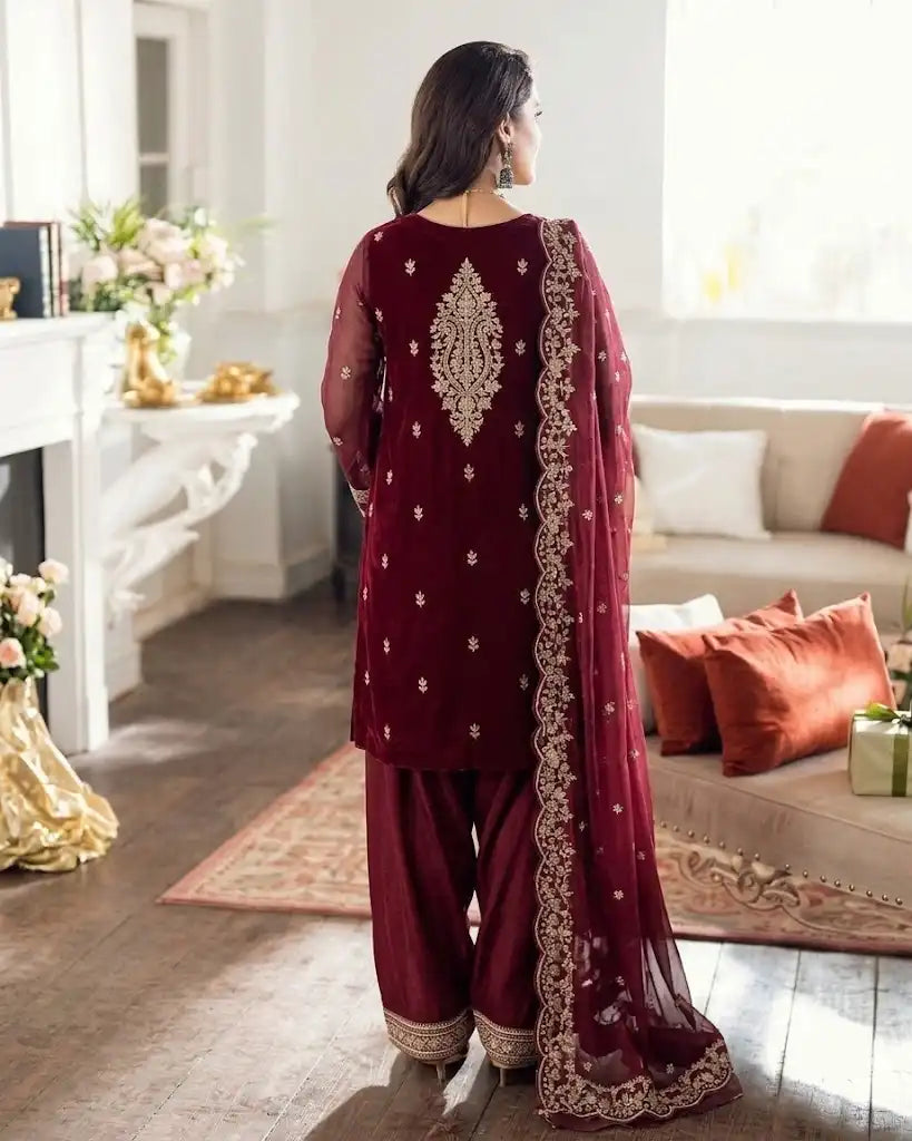 Rich Maroon Embroidered 3-Piece Unstitched Lawn Suit with Elegant Dupatta