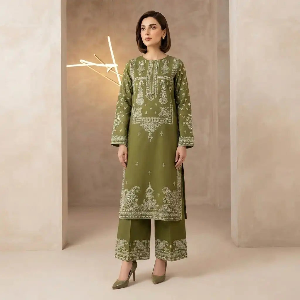 Olive Green Paisley Design Unstitched 2-Piece Embroided Lawn Suit