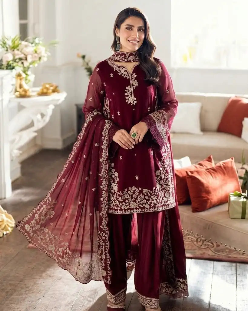 Rich Maroon Embroidered 3-Piece Unstitched Lawn Suit with Elegant Dupatta