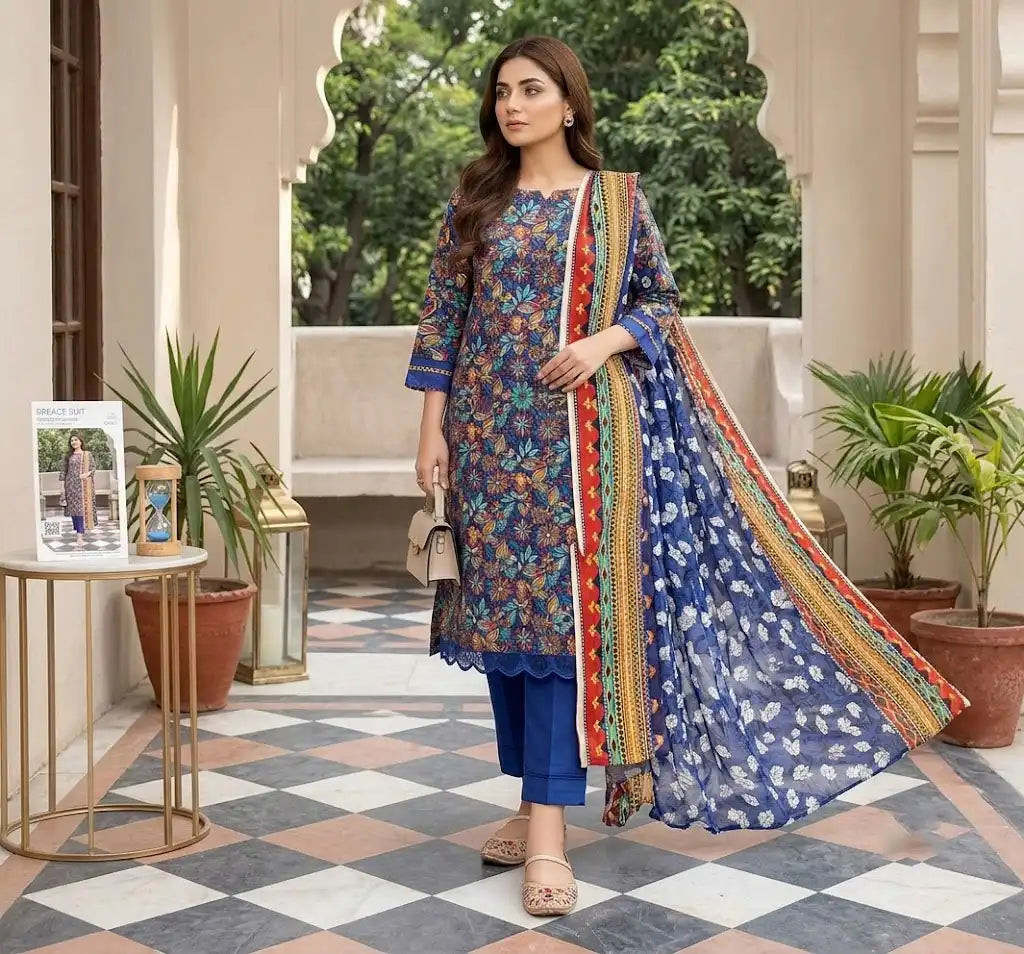Premium Blue Unstitched 3 Piece Lawn Suit With Printed Dupatta