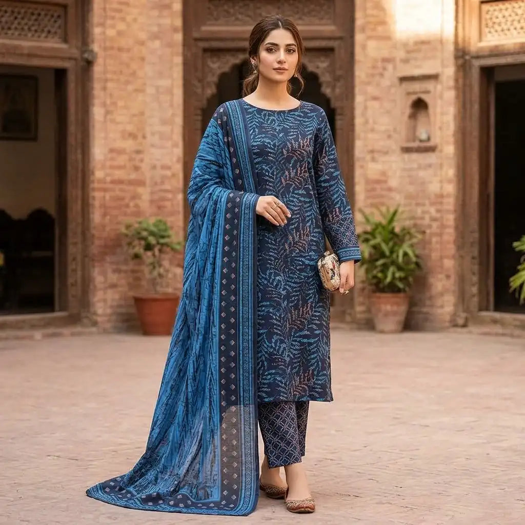 Deep Navy Blue Fern 3 Piece Unstitched Printed Lawn Suit