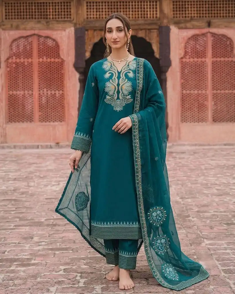 Dark Teal Green Embroidered 3-Piece Unstitched Lawn Suit with Printed Dupatta