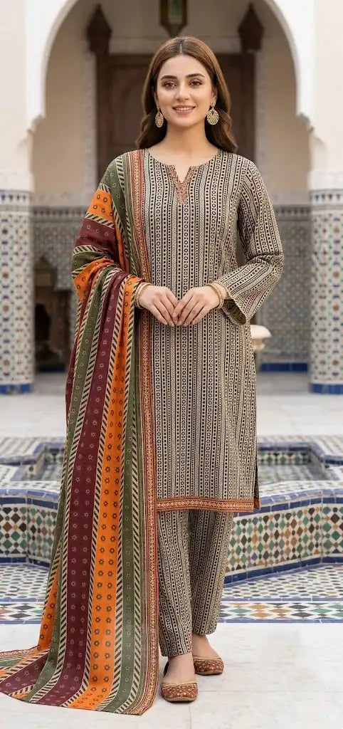 Chic Striped Stitched 3 Piece Lawn Suit