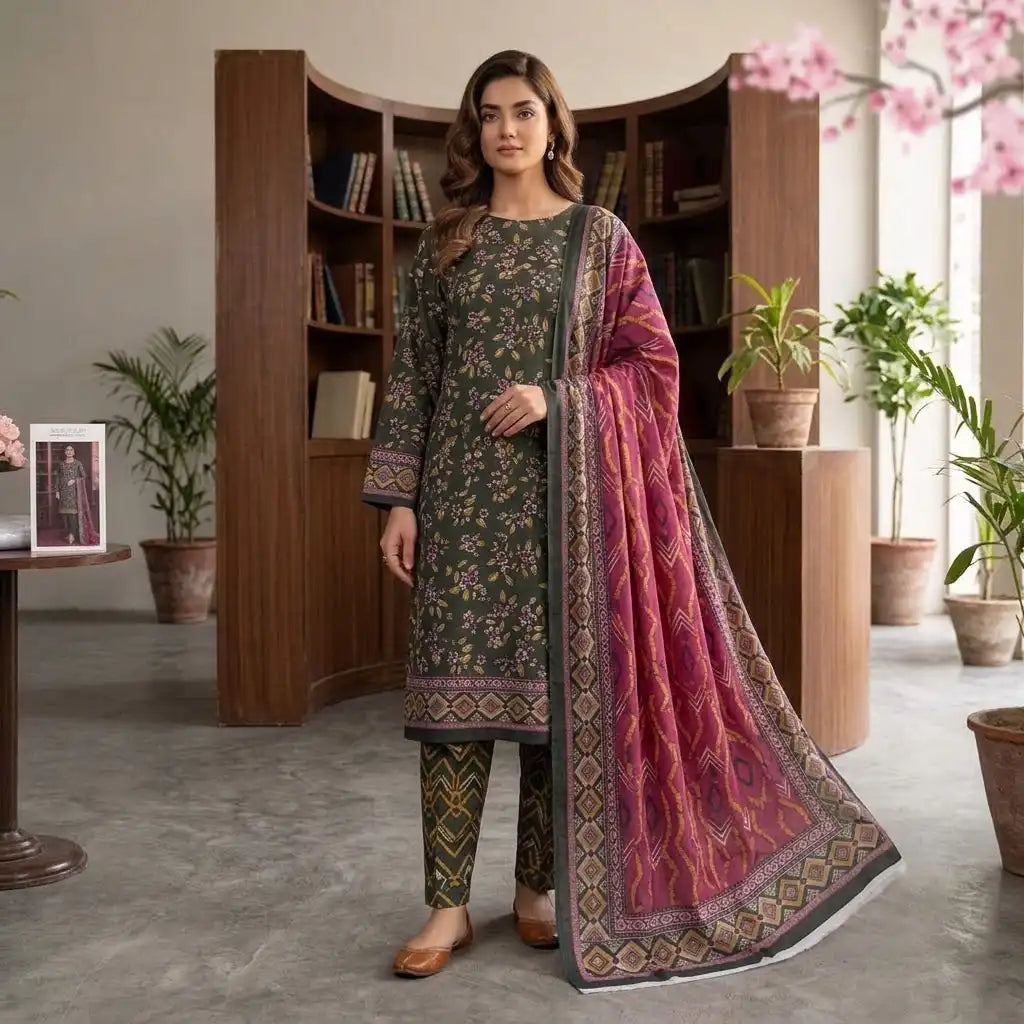 Designer Dark Green Unstitched 3 Piece Lawn Suit