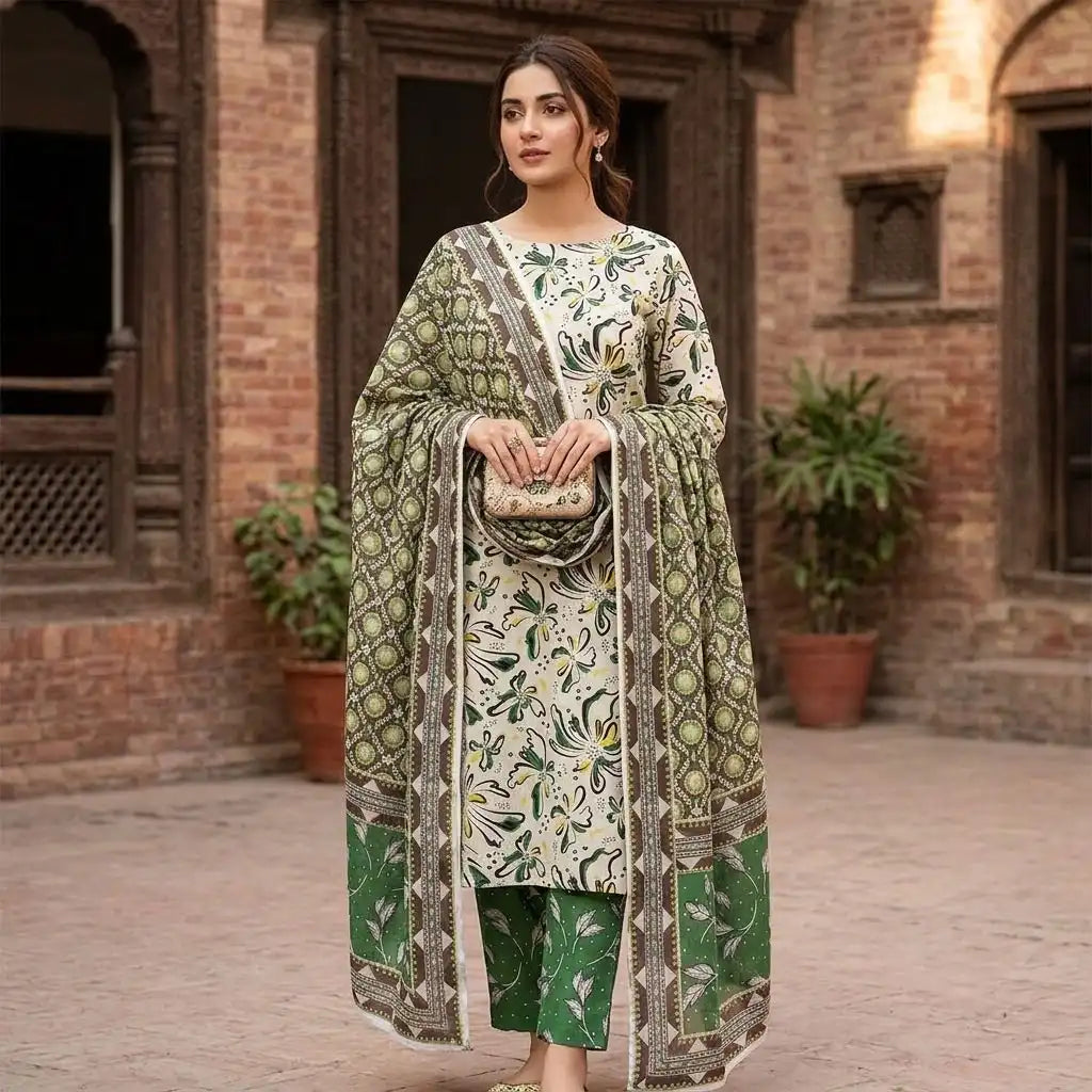 Olive Green & Cream Botanical 3 Piece Unstitched Lawn Suit