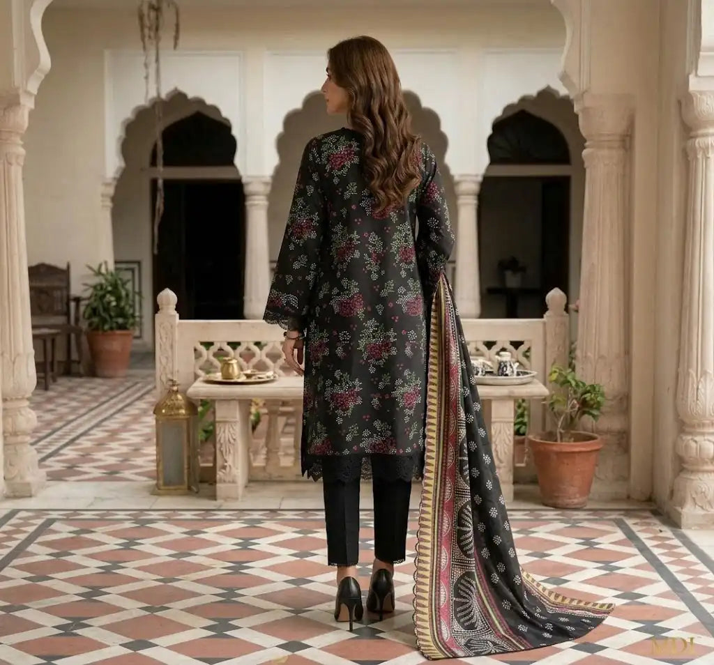 Elegant Black Unstitched 3 Piece Printed Lawn Suit