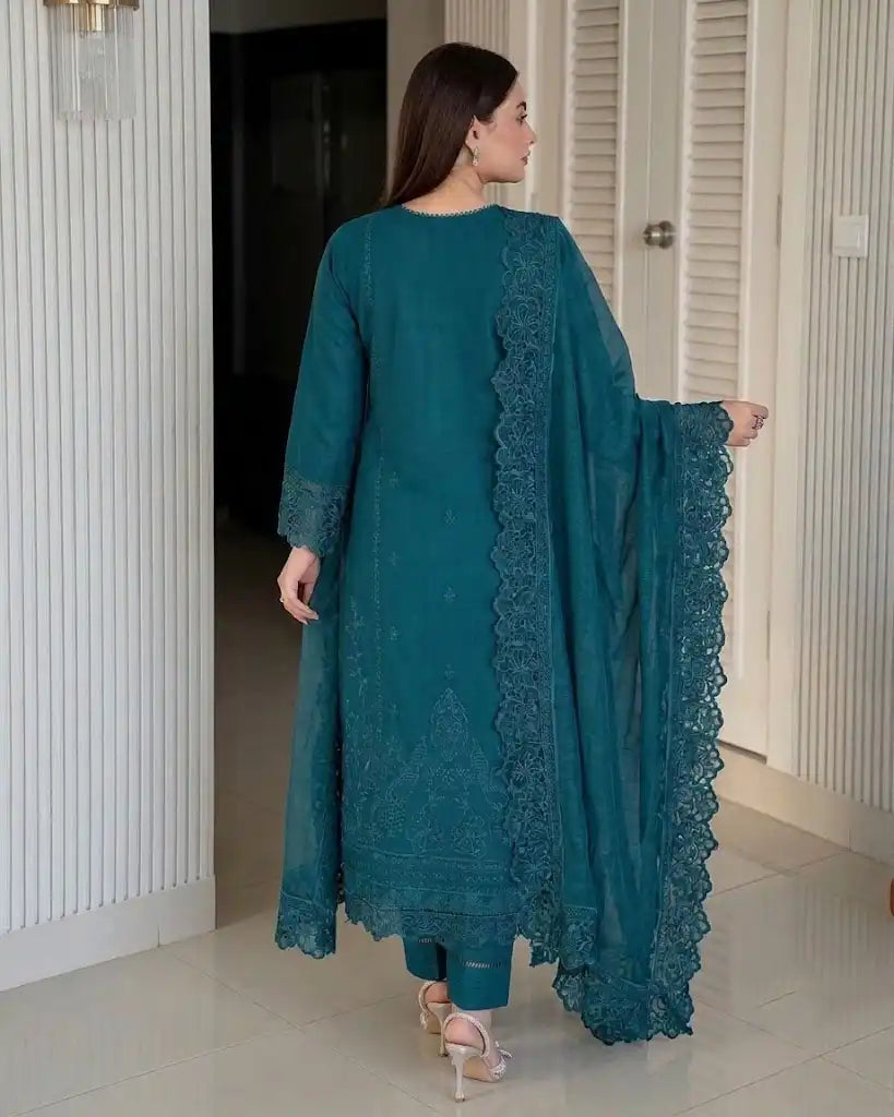 Peacock Teal Blue Embroidered 3-Piece Unstitched Lawn Suit with Elegant Dupatta