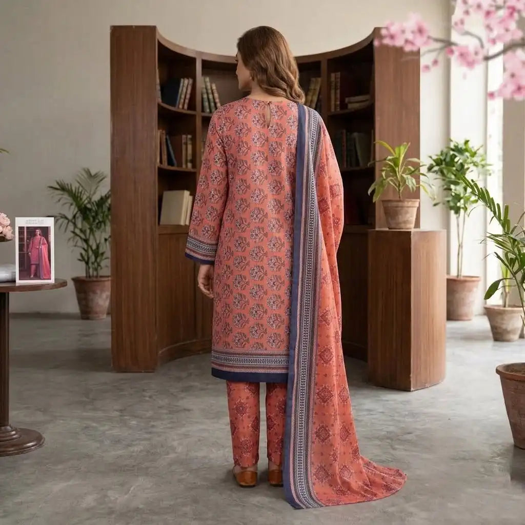 Chic Peach Unstitched 3 Piece Lawn Suit With Dupatta