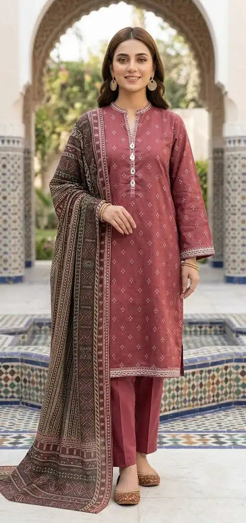 Elegant Mauve Stitched 3 Piece Printed Lawn Suit