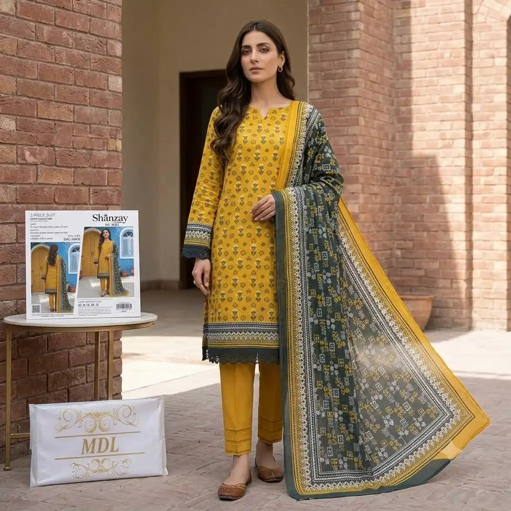Classic Yellow Unstitched 3 Piece Lawn Suit With Dupatta