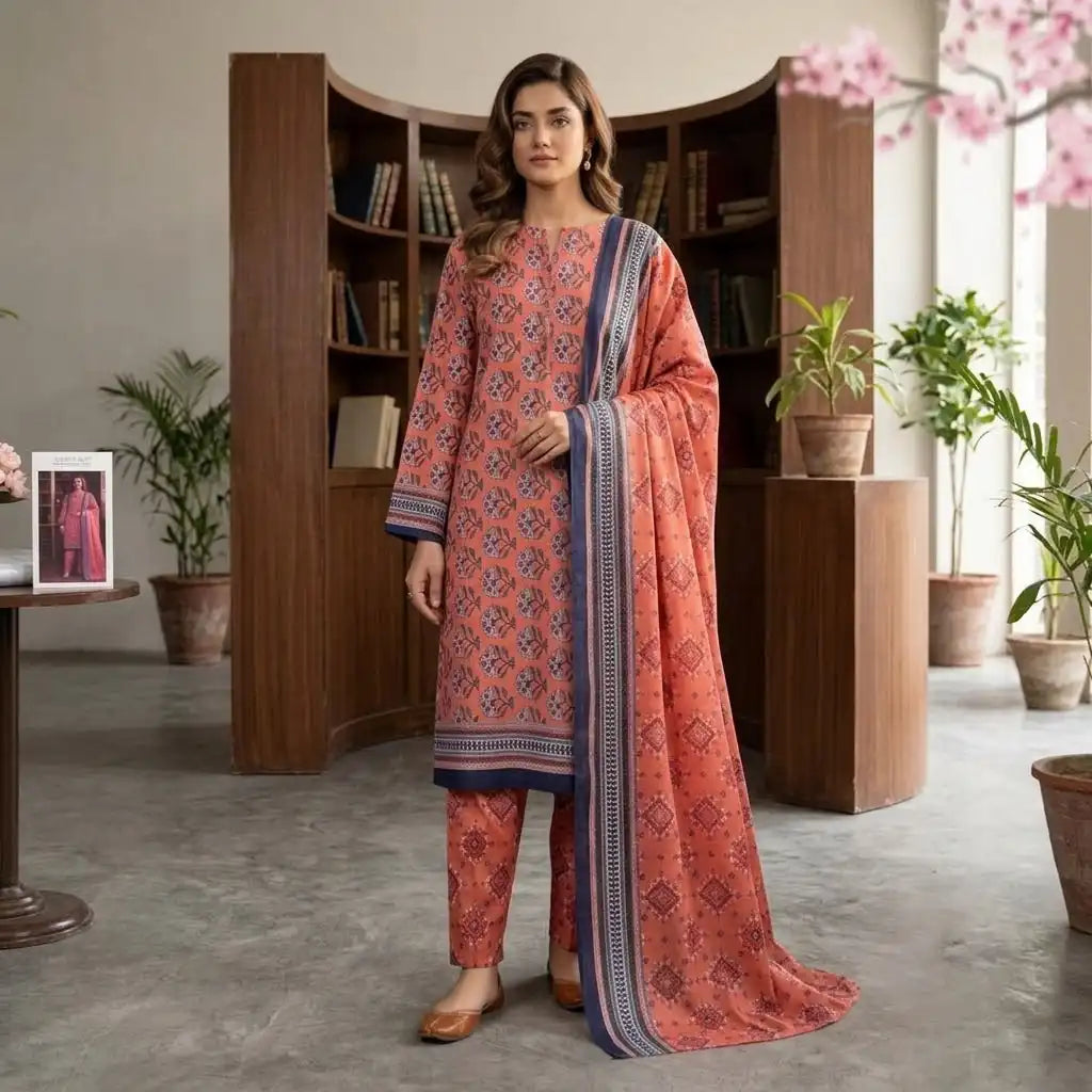 Chic Peach Unstitched 3 Piece Lawn Suit With Dupatta