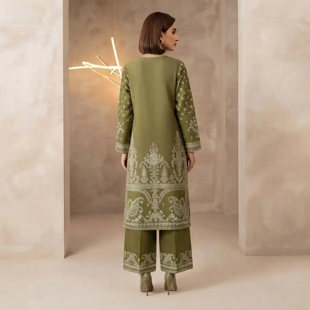 Olive Green Paisley Design Unstitched 2-Piece Embroided Lawn Suit
