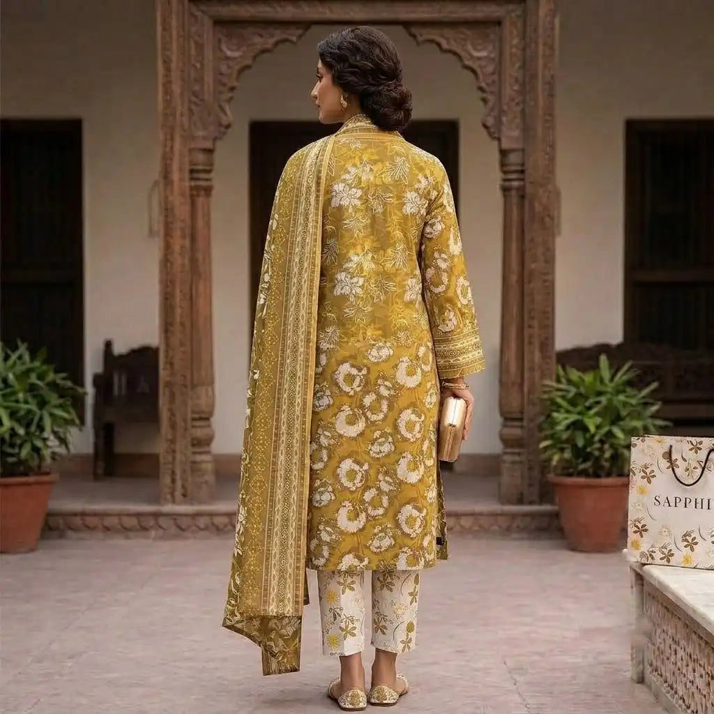 Vibrant Mustard Unstitched 3 Piece Printed Lawn Suit