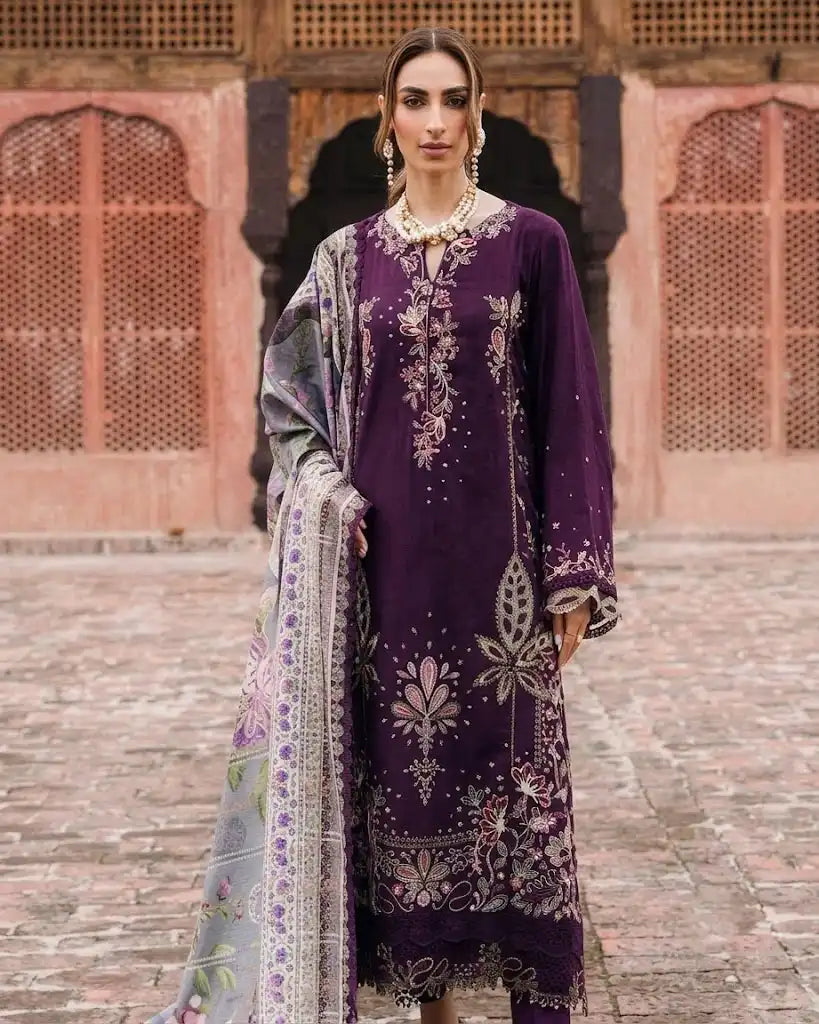 Deep Plum Purple Embroidered 3-Piece Unstitched Lawn Suit with Floral Dupatta